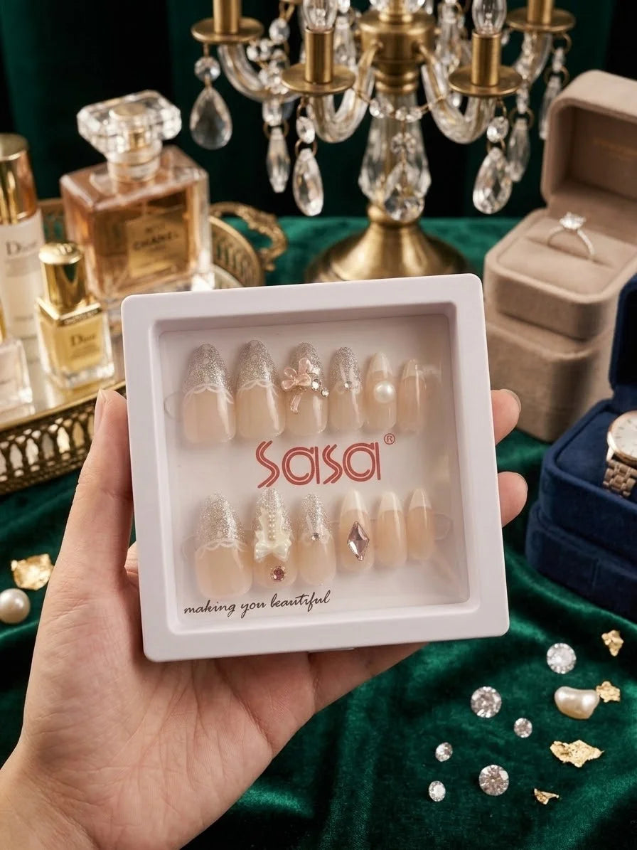 Luxury Nude Shimmer French & Bow Charm Nails