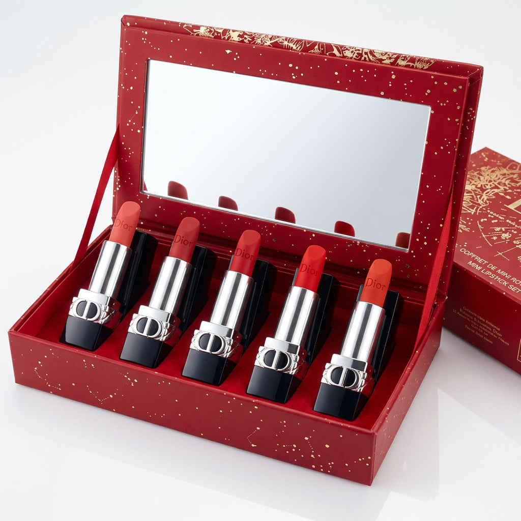 Dior Rouge Dior Mini Lipstick Set 5 in 1 - Red Velvet Gift Box with Mirror - Lunar New Year Edition - 5 Shades