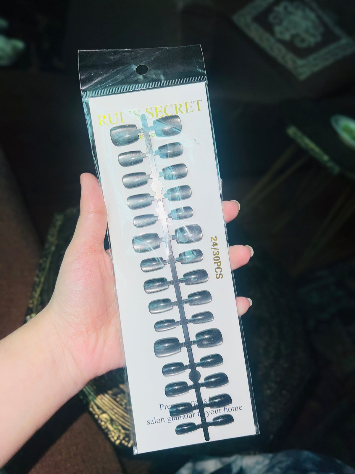 RUI'S SECRET Press On Nails - 24/30 PCS - Cat Eye Gunmetal Shimmer - Short Square Press On Nails - Fake Nails - Salon Glamour