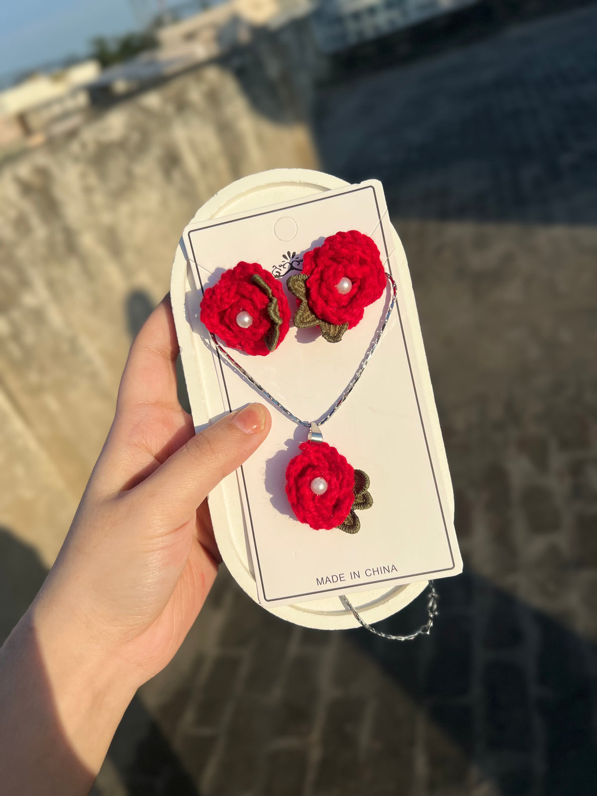 Handmade Crochet Rose Necklace Earrings Set - Red Flower Jewelry Set - 3 Pcs - Crochet Pendant Set for Girls - Gift Box - Soabelle
