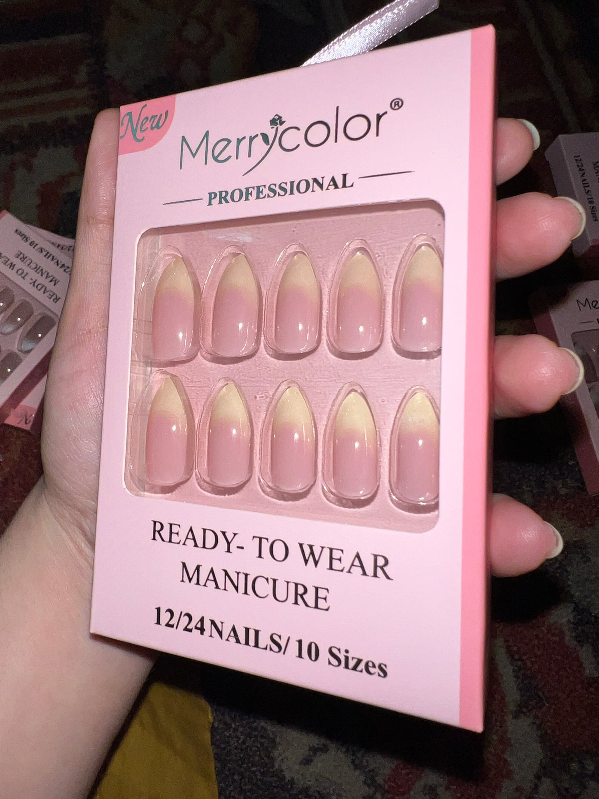 Merrycolor Press On Nails - French Ombre Almond - 24 Nails / 10 Sizes - Ready To Wear