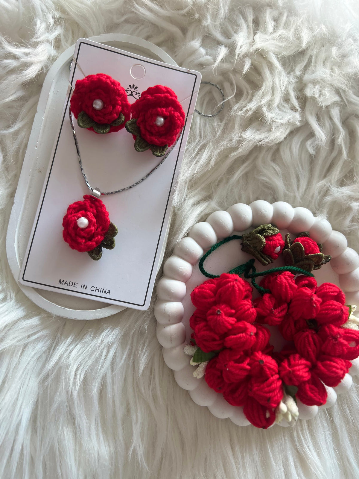 Handmade Crochet Rose Necklace Earrings Set - Red Flower Jewelry Set - 3 Pcs - Crochet Pendant Set for Girls - Gift Box - Soabelle