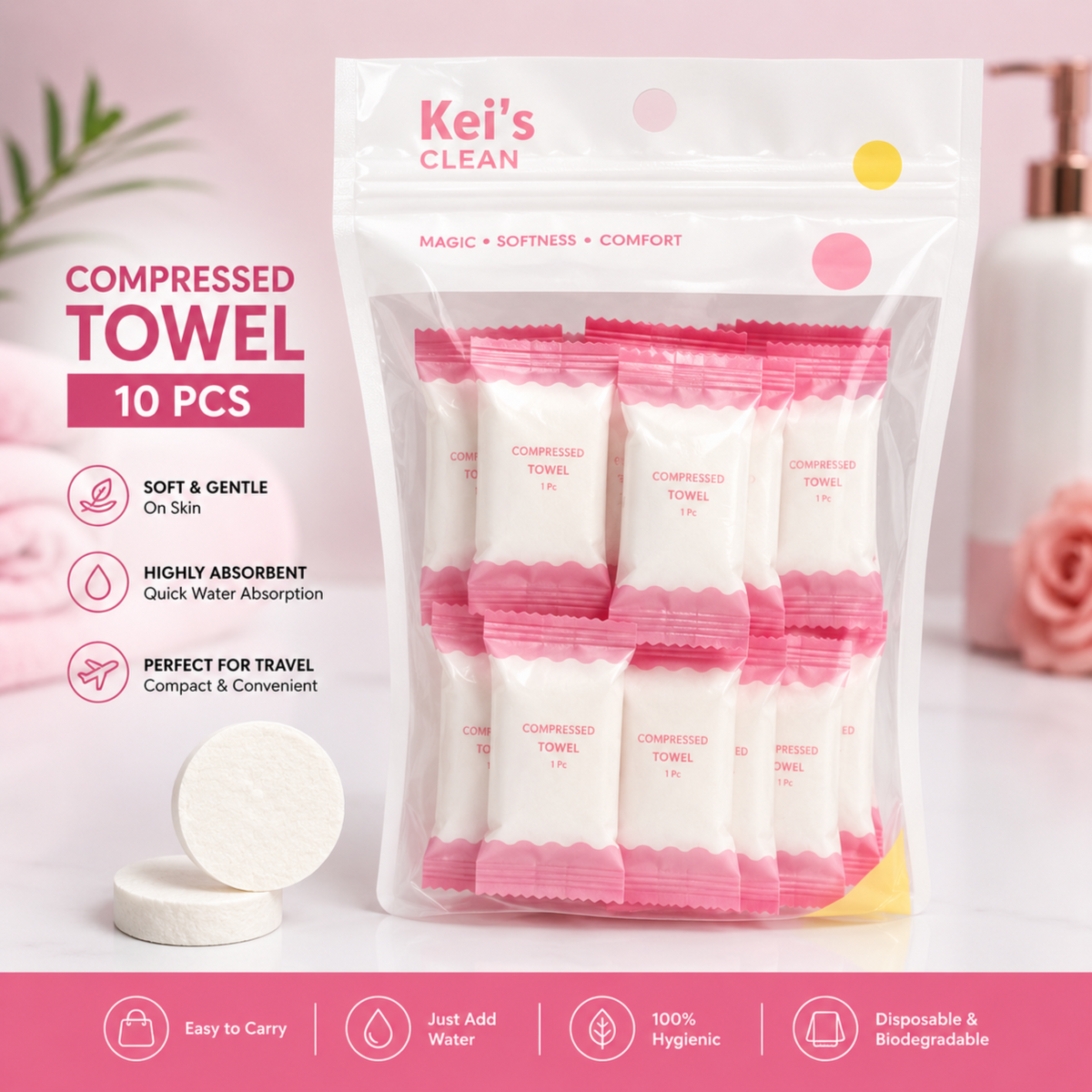 Kei's Clean Compressed Towel - 14 PCS - Magic Coin Tissue - Disposable Face Towel - Travel Friendly - Just Add Water - Original
