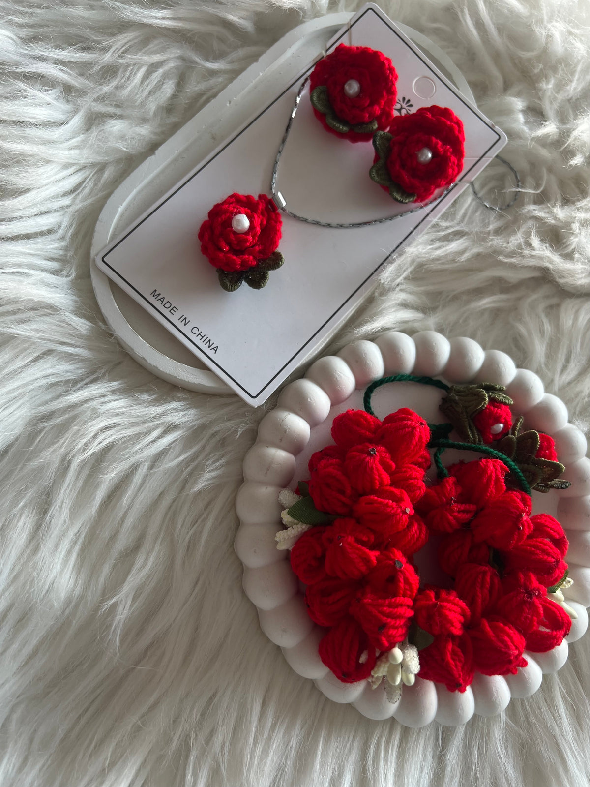 Handmade Crochet Rose Necklace Earrings Set - Red Flower Jewelry Set - 3 Pcs - Crochet Pendant Set for Girls - Gift Box - Soabelle