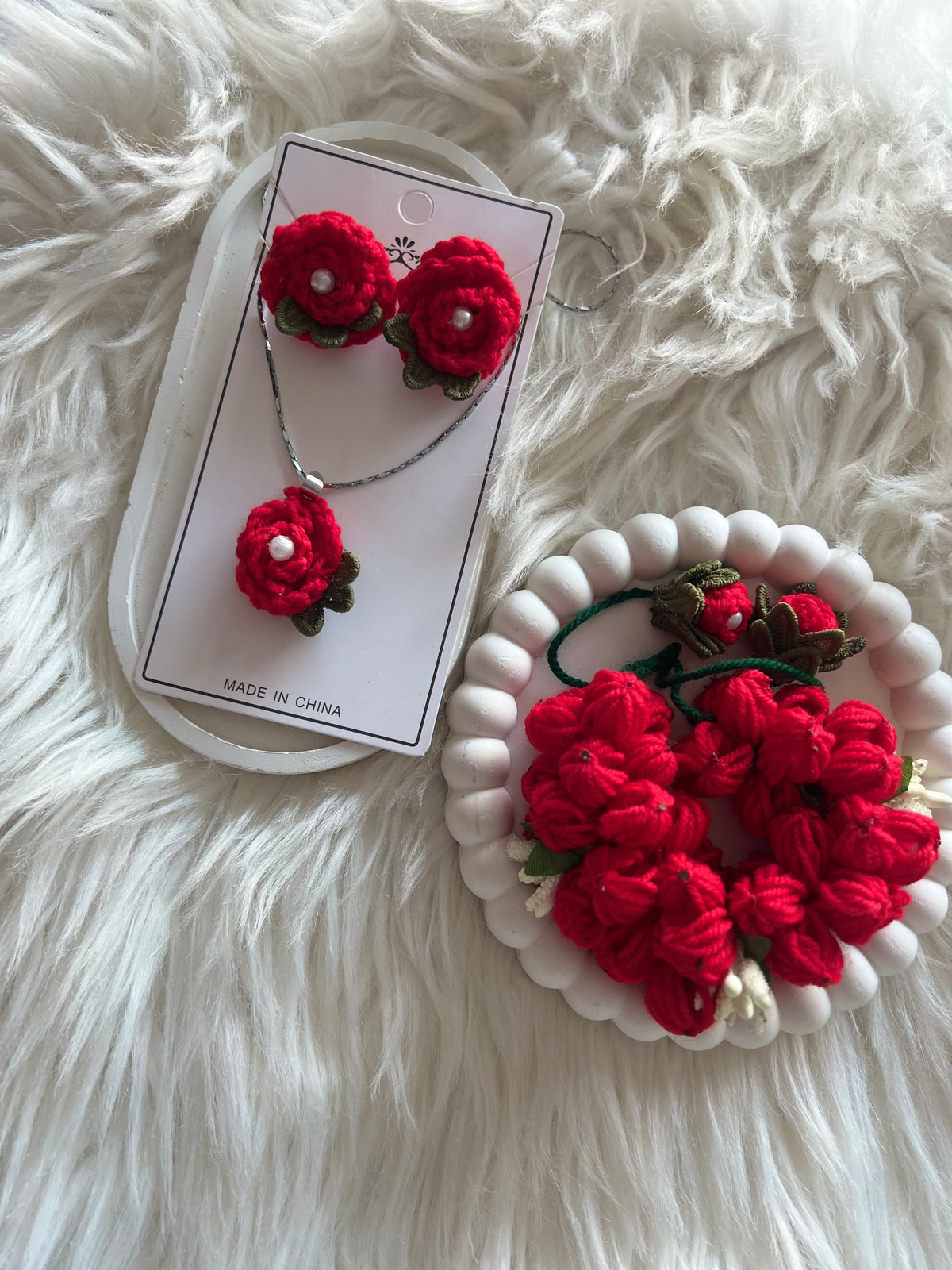 Handmade Crochet Rose Necklace Earrings Set - Red Flower Jewelry Set - 3 Pcs - Crochet Pendant Set for Girls - Gift Box - Soabelle